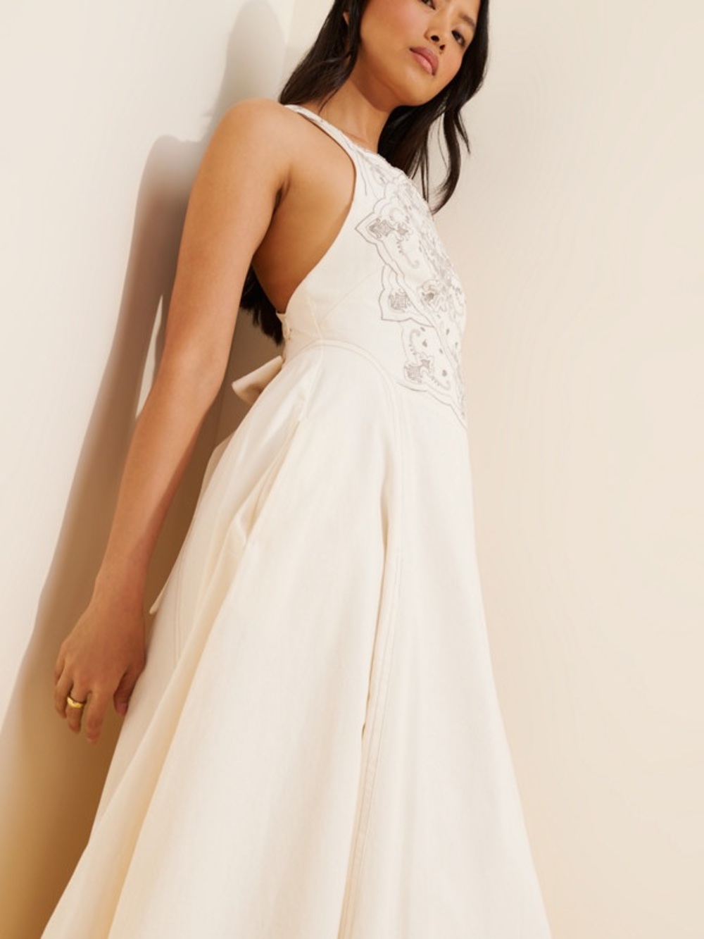 Free People Bali Vienna Cream Gray Embroidered Backless Bow Maxi Dress M - Picture 3 of 13